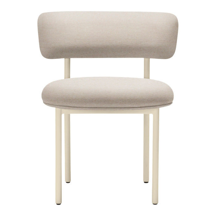 Beige upholstered chair with a simple, modern design and pale cream metal legs. Ideal for contemporary spaces.