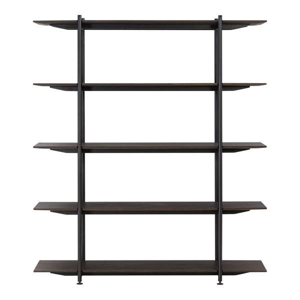 Black metal frame with dark wood shelves, featuring a sleek, modern design and clean lines. Perfect for organized storage.