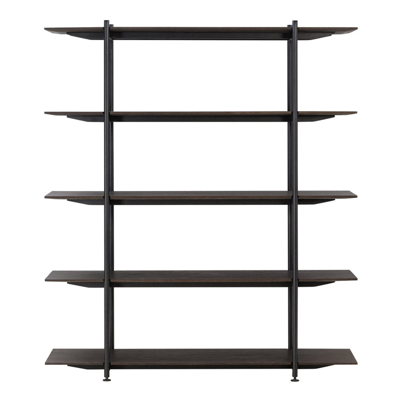 Black metal frame with dark wood shelves, featuring a sleek, modern design and clean lines. Perfect for organized storage.