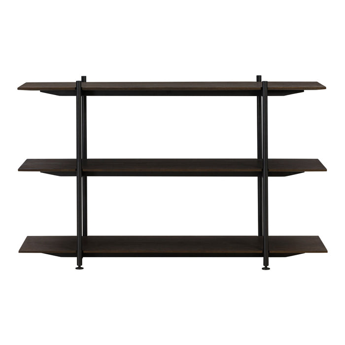 Dark wooden shelves with a sleek black metal frame, featuring a minimalist design and clean lines.