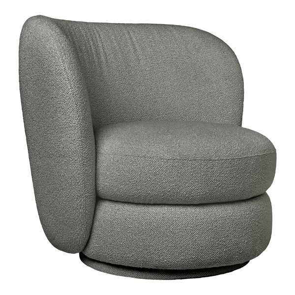 Soft gray upholstered swivel chair featuring a textured fabric pattern for a modern look.
