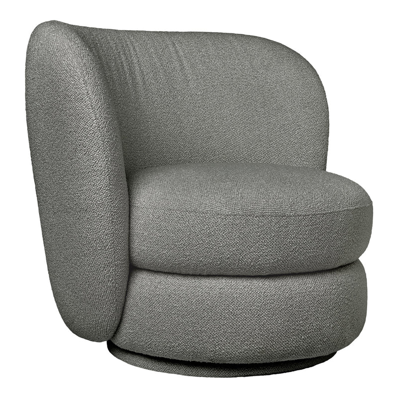 Soft gray upholstered swivel chair featuring a textured fabric pattern for a modern look.