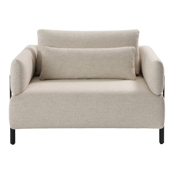 Beige upholstered loveseat with two matching cushions on a sleek black frame. Minimalist design for modern decor.