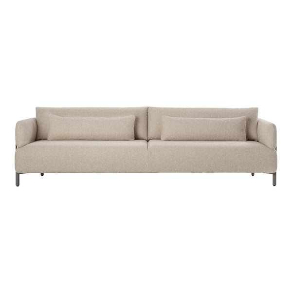 Beige modern sofa with subtle texture and clean lines, featuring two matching cushions. Perfect for contemporary decor.