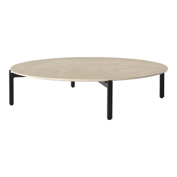 Round coffee table with a beige tabletop and black metal legs, featuring a sleek, modern design and minimalistic style.