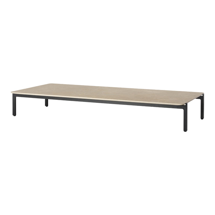 Rectangular coffee table with a light beige top and sleek black metal legs, featuring a minimalist design.