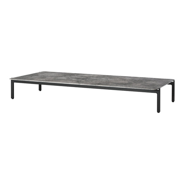 Gray rectangular coffee table with a smooth surface and sleek black metal legs, featuring a minimalist design.