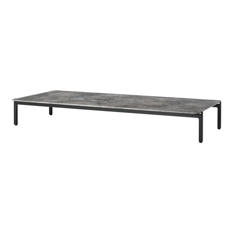 Gray rectangular coffee table with a smooth surface and sleek black metal legs, featuring a minimalist design.