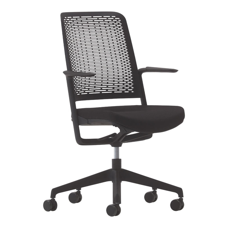 Black mesh office chair with a sleek design, featuring a textured back and smooth seat. Ideal for modern workspaces.