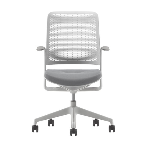 Gray ergonomic office chair with a perforated white backrest and smooth gray seat, featuring a sleek wheeled base.
