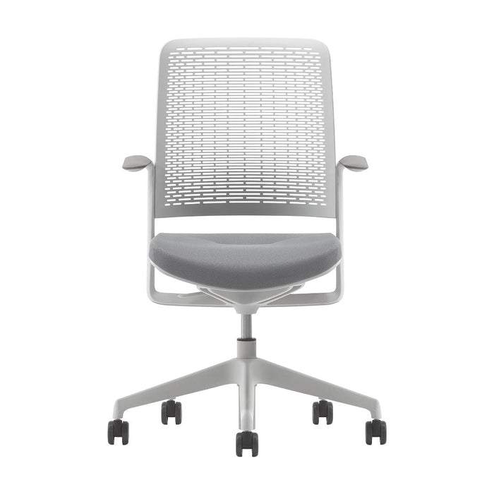 Gray ergonomic office chair with a perforated white backrest and smooth gray seat, featuring a sleek wheeled base.