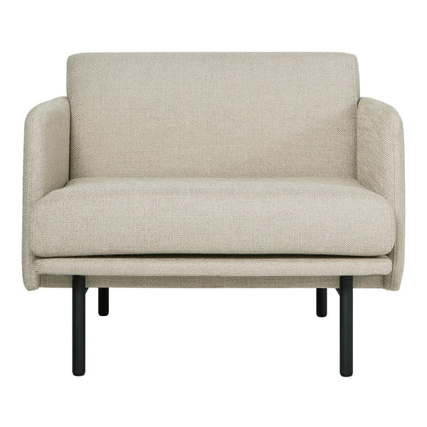 Beige textured fabric loveseat on black metal legs, featuring a minimalist design for modern decor.