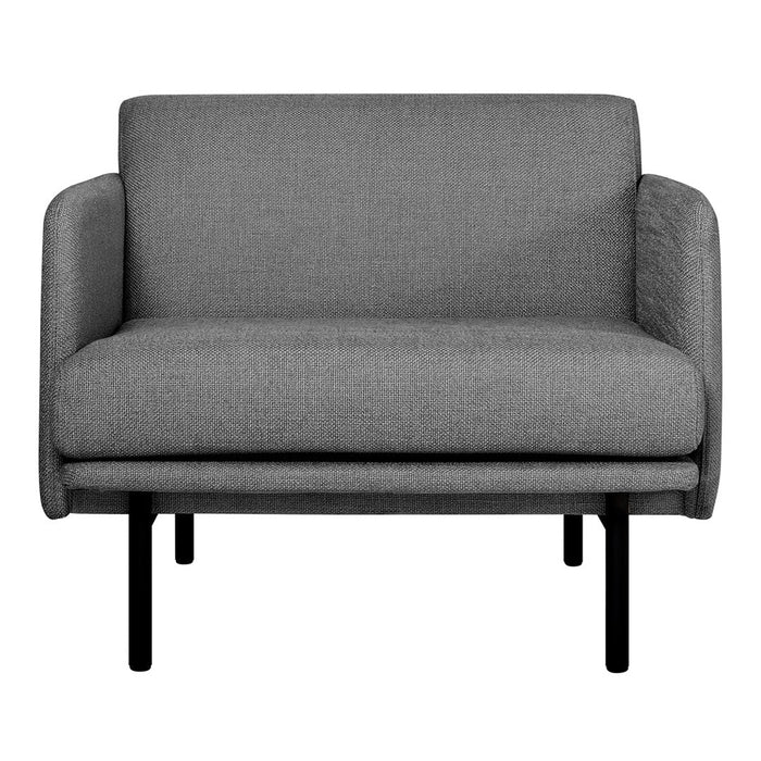 Gray upholstered loveseat with a textured pattern and sleek black metal legs. Ideal for modern decor.