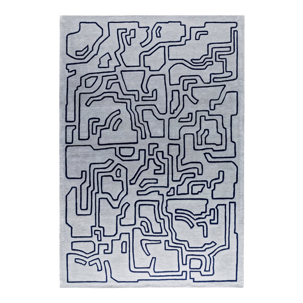Abstract gray rug with navy blue geometric lines creating a contemporary maze pattern. Ideal for modern decor.