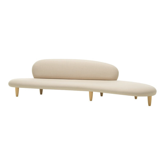 Beige sofa with a sleek, modern design and natural wooden legs, featuring a minimalist, curved silhouette.