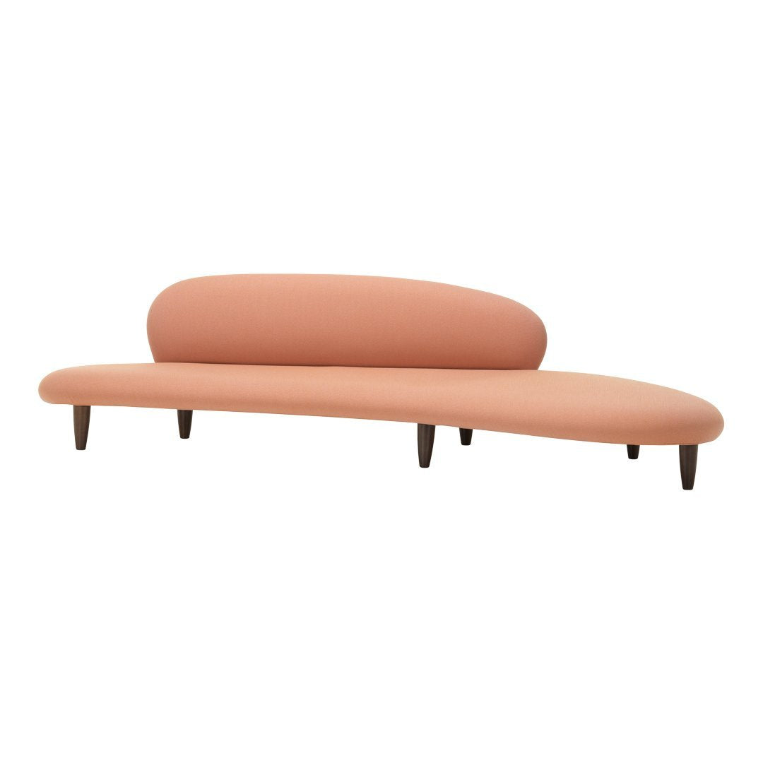 Curved sofa in soft peach color with a sleek minimalist design and dark wood legs. Modern and stylish accent piece.