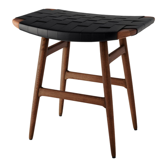 Black woven seat with wooden legs, featuring a modern design and stylish geometric pattern. Perfect for contemporary spaces.