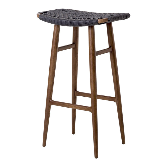 Woven dark gray seat with a natural wood frame, showcasing a modern and stylish bar stool design.