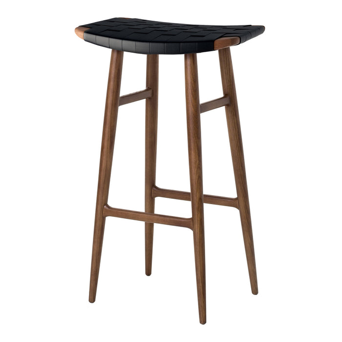 Black woven seat with a rich walnut wood frame in a modern, minimalist design. Perfect for contemporary spaces.