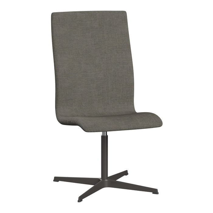 Modern high back chair in sleek gray fabric with minimalist design and black base. Perfect for contemporary interiors.