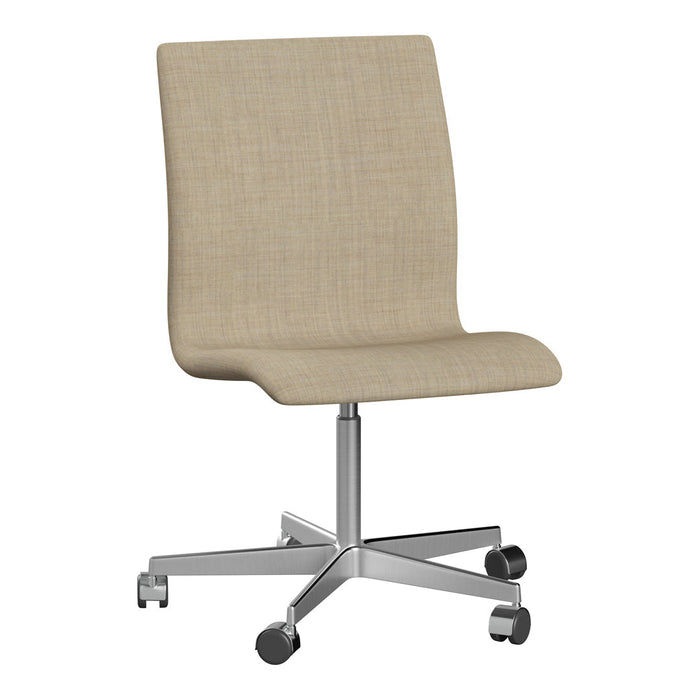 Beige fabric office chair with a smooth, minimalist design and a sleek silver base. Perfect for modern workspaces.