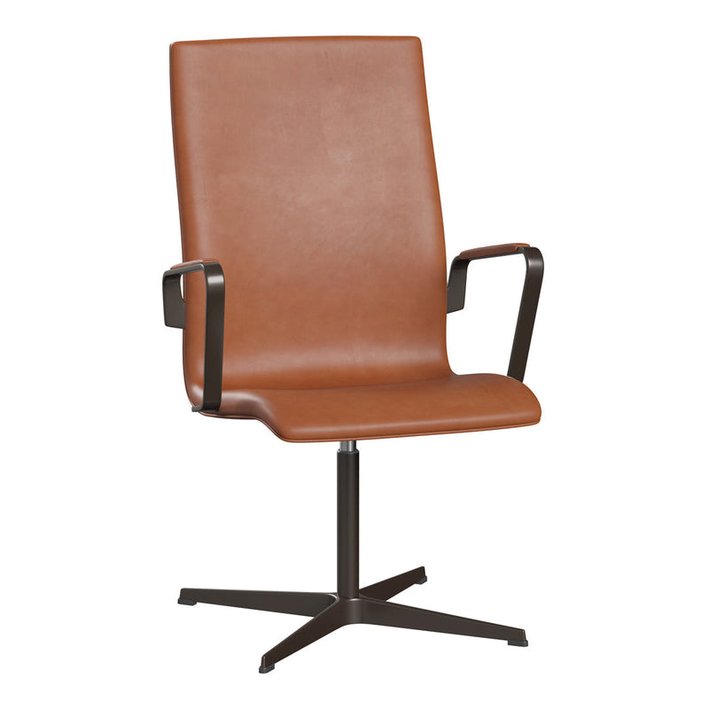 Brown leather office chair with sleek black metal arms and base, featuring a minimalist design and smooth texture.