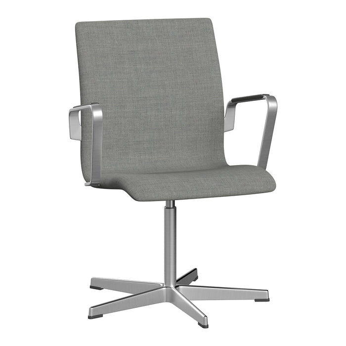 Gray upholstered office chair with a sleek silver base and minimalist design. Perfect for modern workspaces.