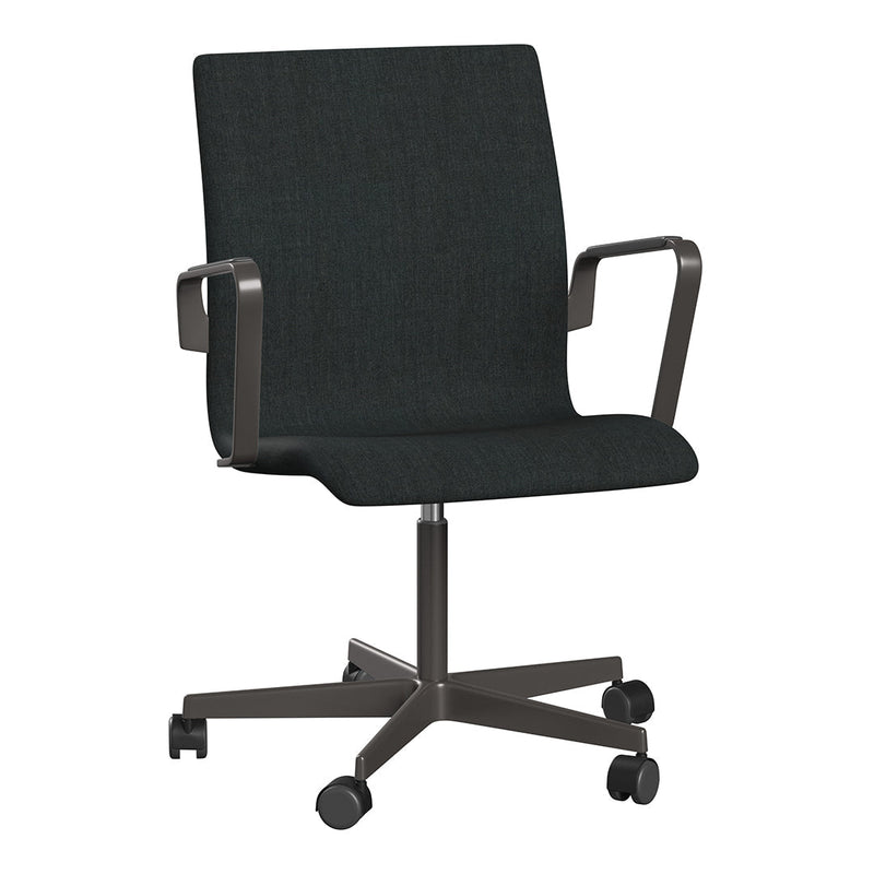 Sleek black office chair with a modern design and smooth fabric, featuring a minimalist pattern and silver accents.