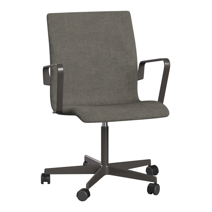 Gray fabric office chair on a swivel base with sleek black metal arms and five caster wheels. Simple, modern design.