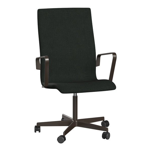 Black fabric office chair with sleek design and armrests, featuring a solid color without patterns.