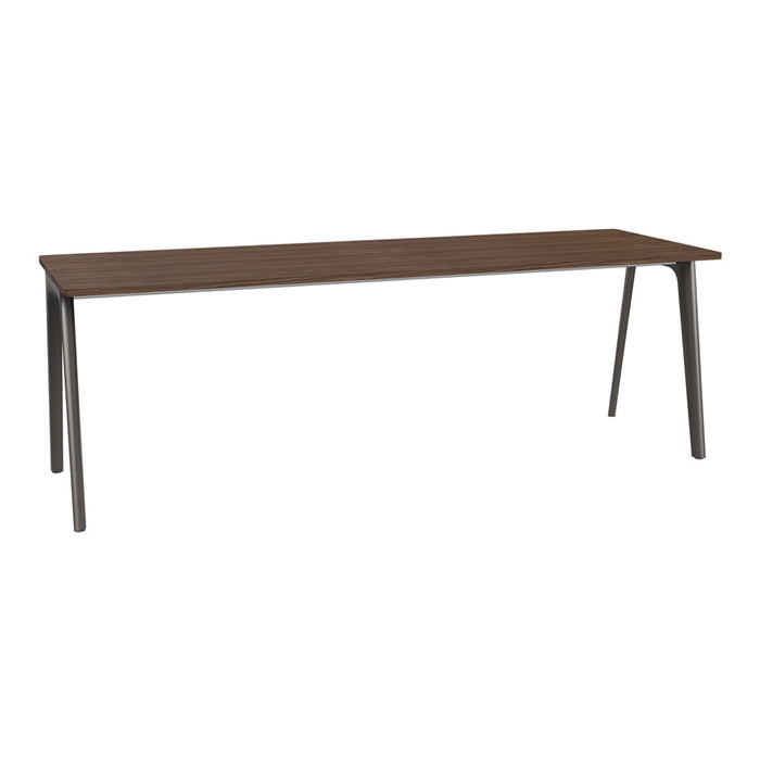 Wooden table with a rich brown surface and sleek black metal legs, featuring a minimalist design.