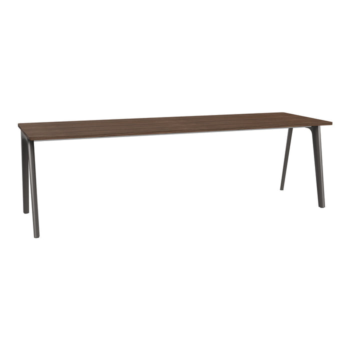 Wooden table with a rich brown surface and sleek black metal legs, featuring a minimalist design.