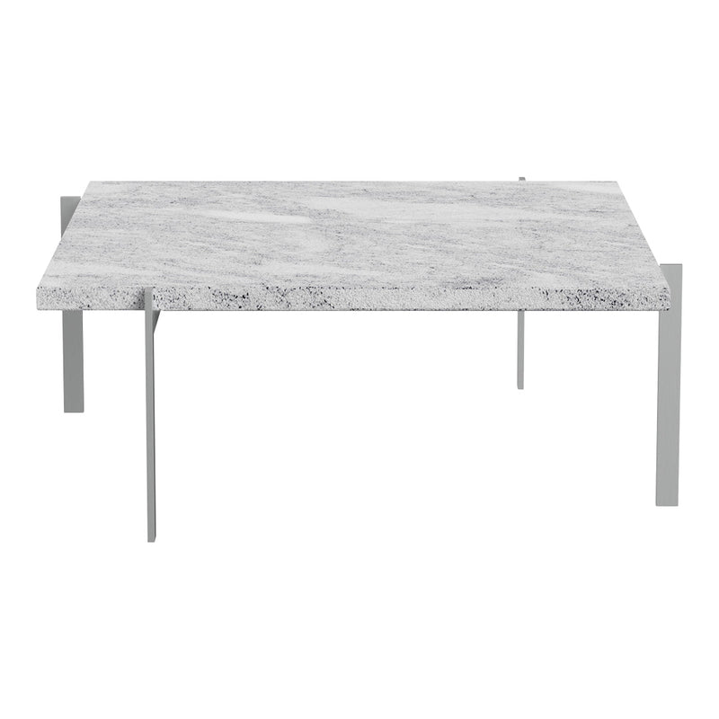 Gray marble coffee table with subtle veining and sleek metal legs, perfect for modern decor.
