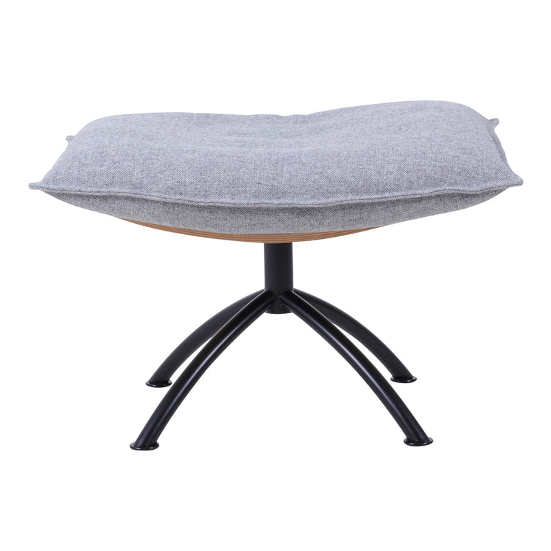 Gray upholstered ottoman with a smooth, rounded shape and a black metal base, showcasing minimalist design.