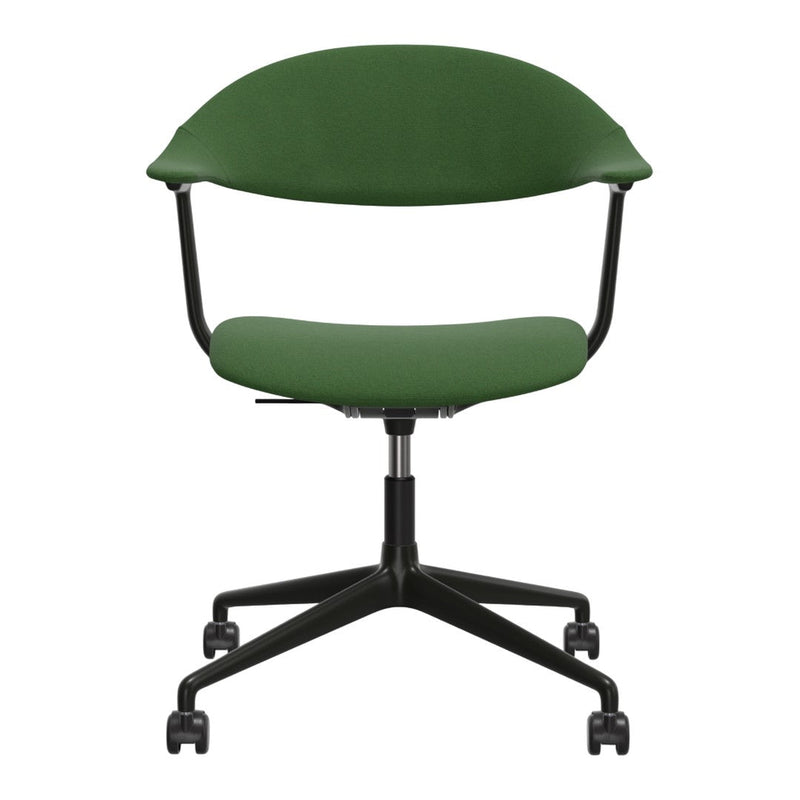 Green fabric chair with a minimalistic design and a sleek black base, perfect for modern decor.