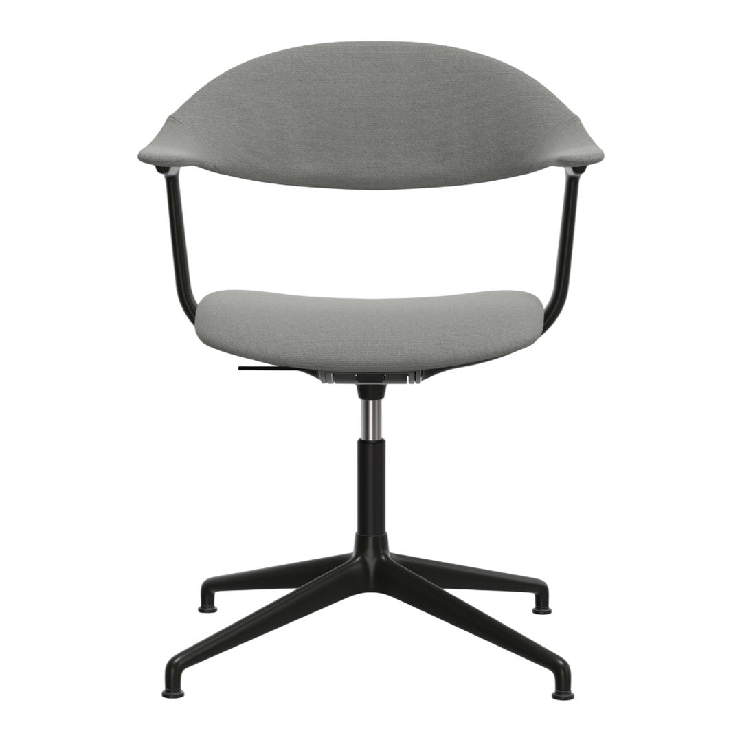 Gray upholstered chair with a minimalist design, featuring a black metal base for a modern aesthetic.