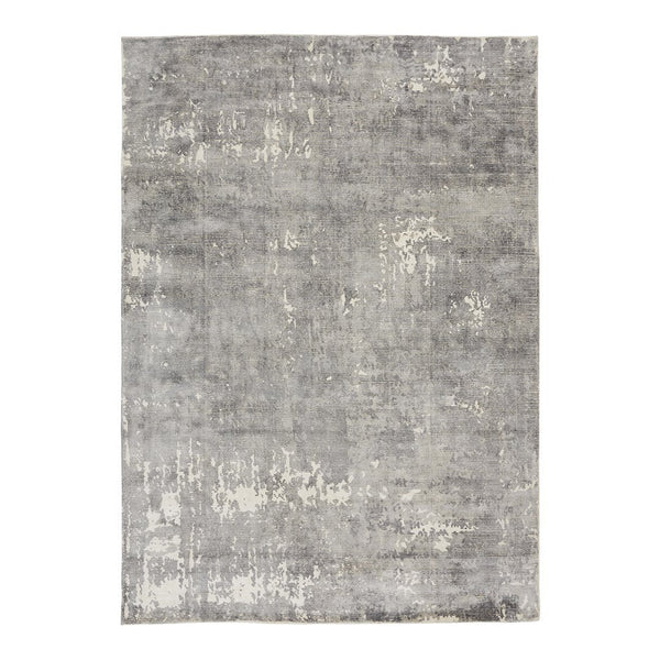 "Rectangular gray rug with subtle patterns and a textured, distressed finish."