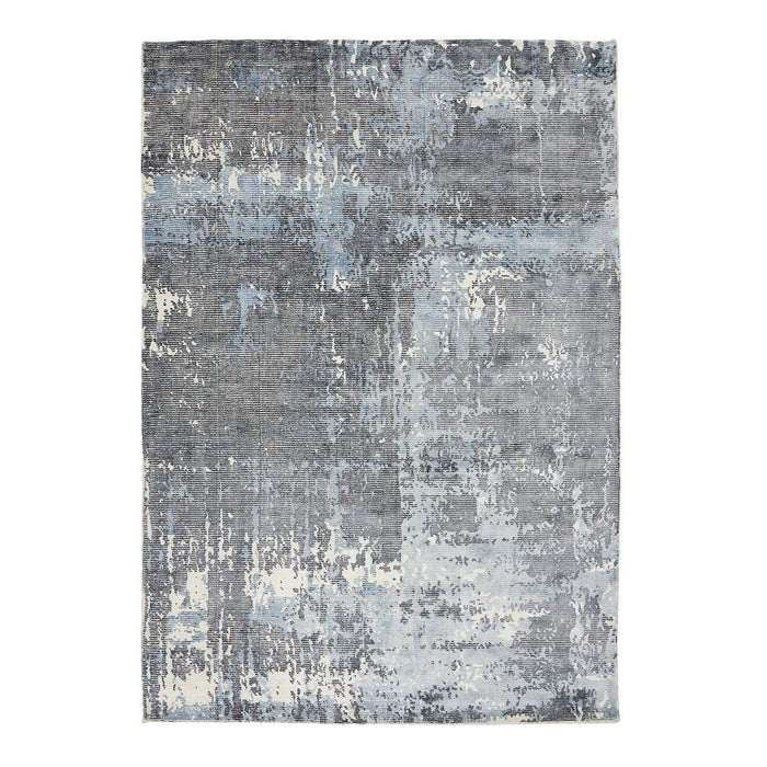 Abstractive gray area rug with blue patterns, featuring a distressed modern design for a contemporary look.
