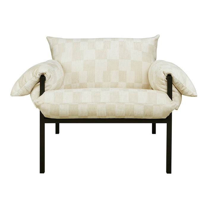 Beige and cream checkered patterned upholstery with rounded armrests on a sleek black metal frame.