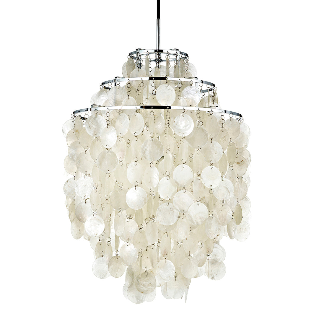 Elegant white chandelier with cascading circular discs and a sleek silver frame, creating a modern, airy design.