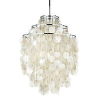 Elegant white chandelier with cascading circular discs and a sleek silver frame, creating a modern, airy design.