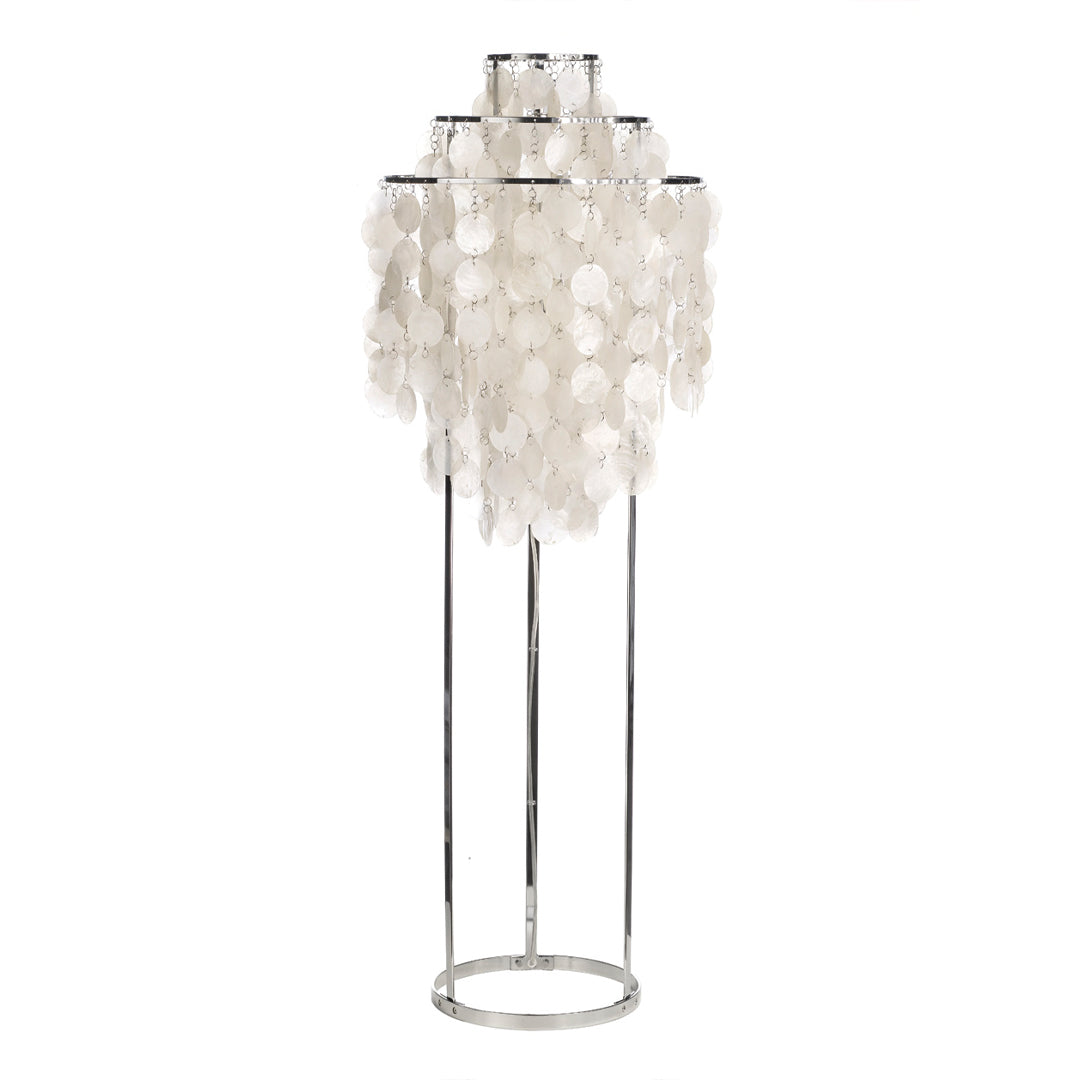 White, textured lampshade with a cascading design on a sleek silver frame, perfect for modern decor.