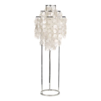 White, textured lampshade with a cascading design on a sleek silver frame, perfect for modern decor.