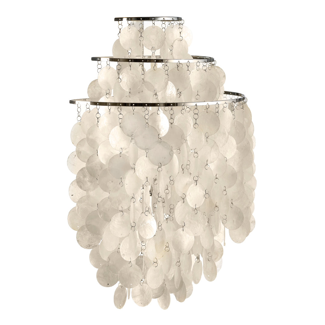 Elegant white chandelier with cascading circular discs and a sleek silver frame. Perfect for modern decor.