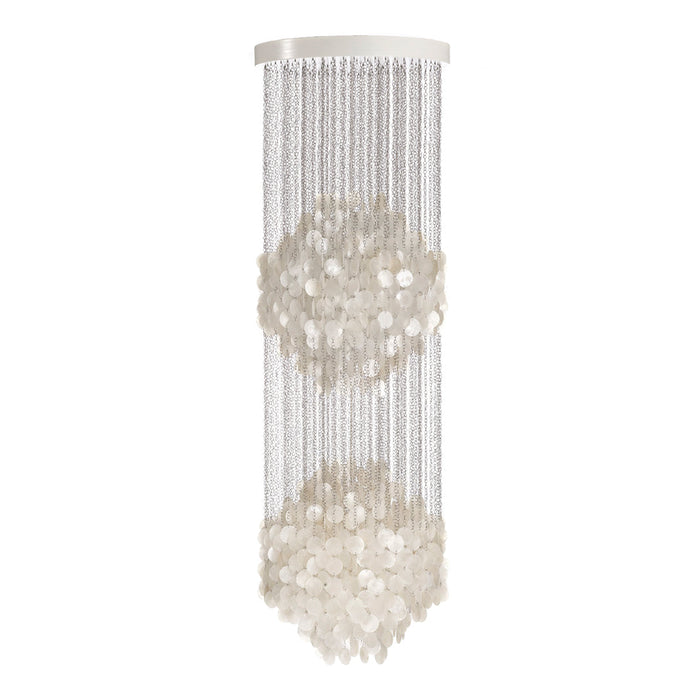 Elegant white chandelier with crystal strands and geometric cluster patterns, ideal for modern decor.