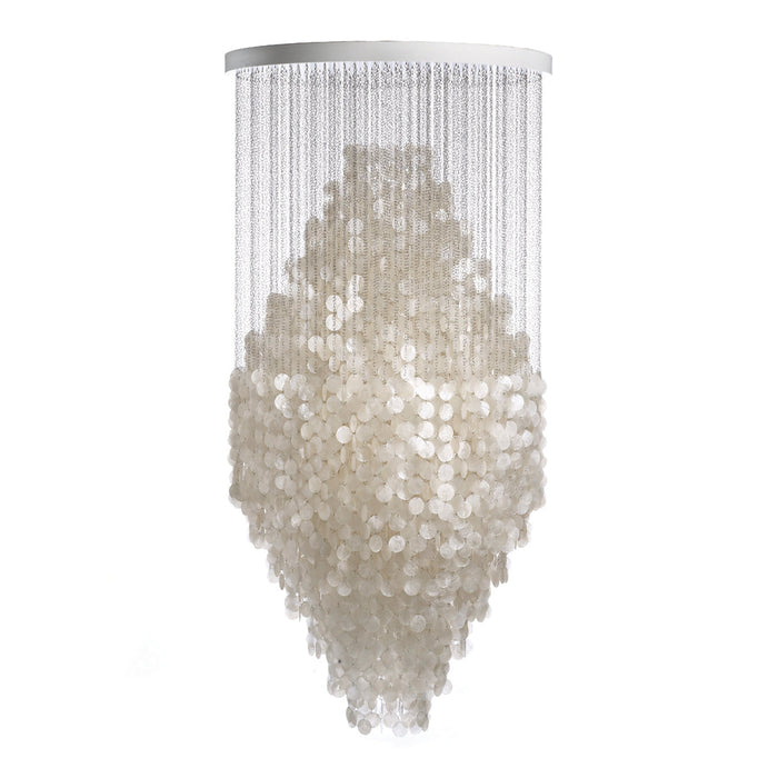Elegant chandelier with a cascading pattern of translucent white discs and delicate silver accents.