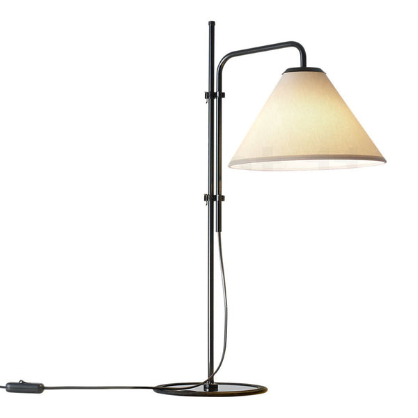 Black metal base with a cream cone shade, featuring a minimalist design and soft, warm light. Perfect for modern decor.
