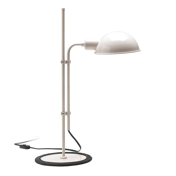 "Modern white desk lamp with a sleek chrome stand and a round black base."