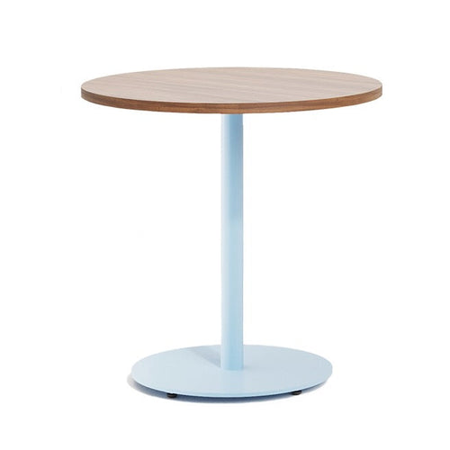Round table with a light blue base and wooden top, featuring a minimalistic design with natural tones.