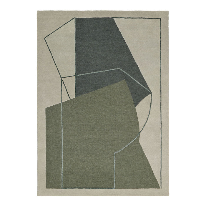 Geometric rug featuring dark green, light beige, and muted gray tones with abstract lines and shapes.